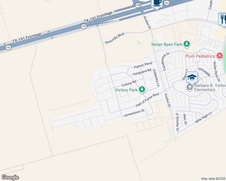 map of restaurants, bars, coffee shops, grocery stores, and more near 6711 Colony Rd in Midland