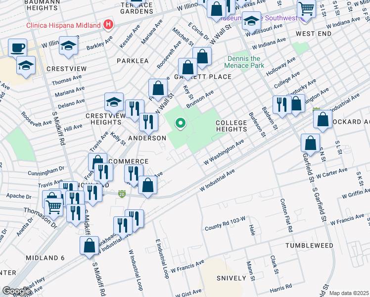 map of restaurants, bars, coffee shops, grocery stores, and more near 600 Mc Garvey Street in Midland