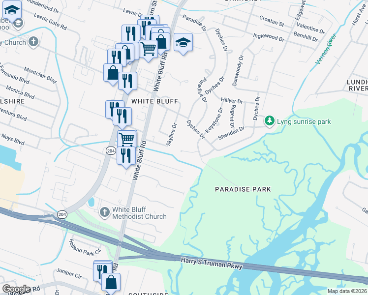 map of restaurants, bars, coffee shops, grocery stores, and more near 7 Wabash Court in Savannah