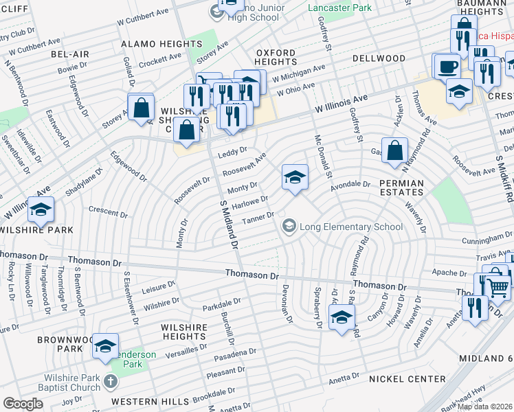 map of restaurants, bars, coffee shops, grocery stores, and more near 4301 Harlowe Dr in Midland