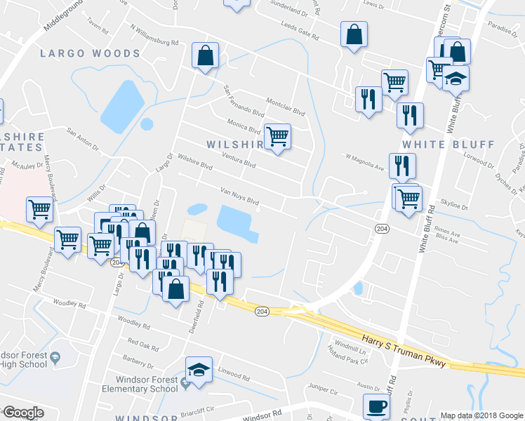 map of restaurants, bars, coffee shops, grocery stores, and more near 109 Van Nuys Boulevard in Savannah
