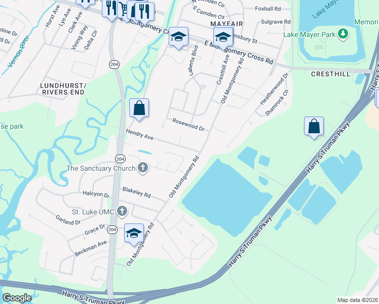 map of restaurants, bars, coffee shops, grocery stores, and more near 1617 Hendry Avenue in Savannah