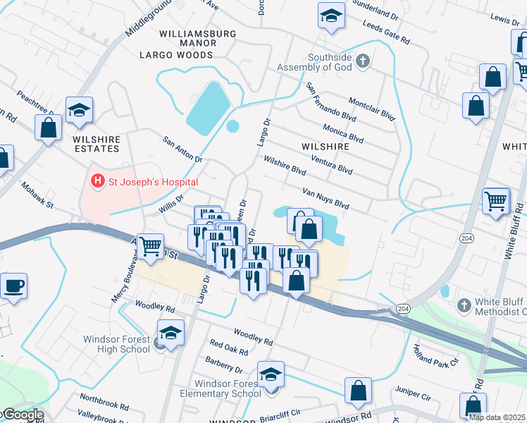 map of restaurants, bars, coffee shops, grocery stores, and more near 11930 Idlewood Drive in Savannah