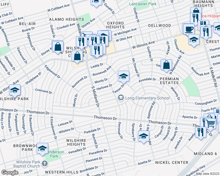 map of restaurants, bars, coffee shops, grocery stores, and more near 4301 Harlowe Dr in Midland