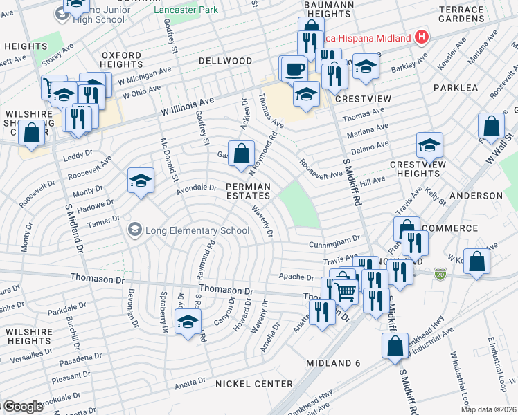 map of restaurants, bars, coffee shops, grocery stores, and more near 203 Waverly Drive in Midland