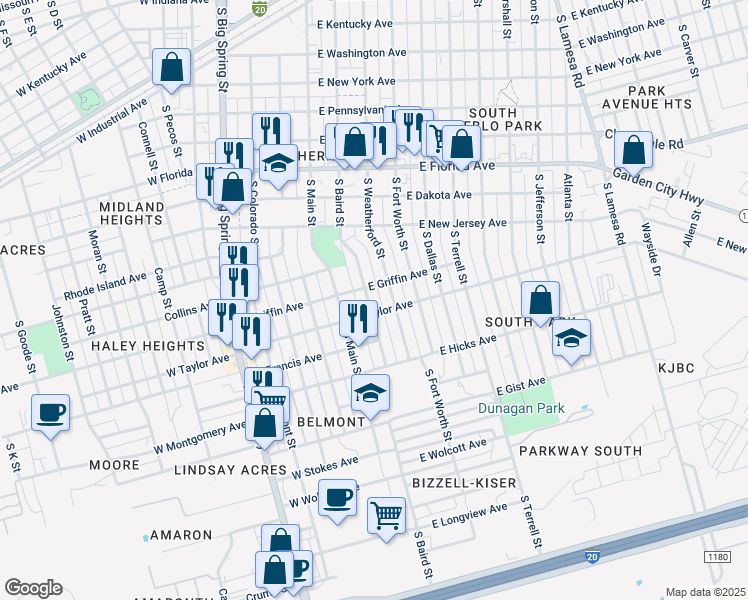 map of restaurants, bars, coffee shops, grocery stores, and more near 1402 South Baird Street in Midland