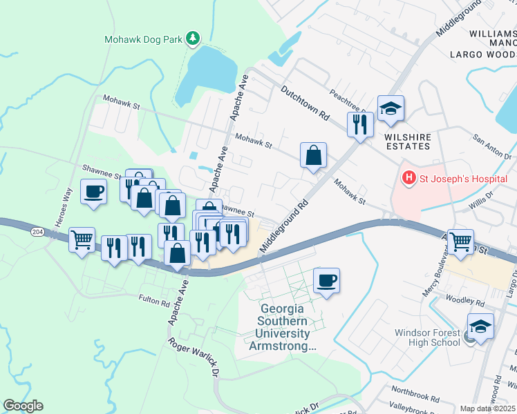 map of restaurants, bars, coffee shops, grocery stores, and more near 1020 Shawnee Street in Savannah
