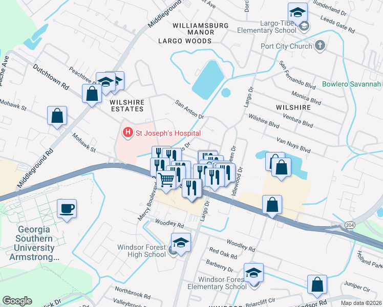 map of restaurants, bars, coffee shops, grocery stores, and more near 9 Belvedere Drive in Savannah