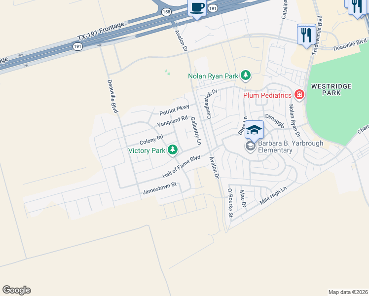 map of restaurants, bars, coffee shops, grocery stores, and more near Founders Road in Midland