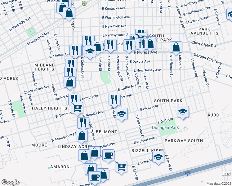 map of restaurants, bars, coffee shops, grocery stores, and more near 1402 South Baird Street in Midland