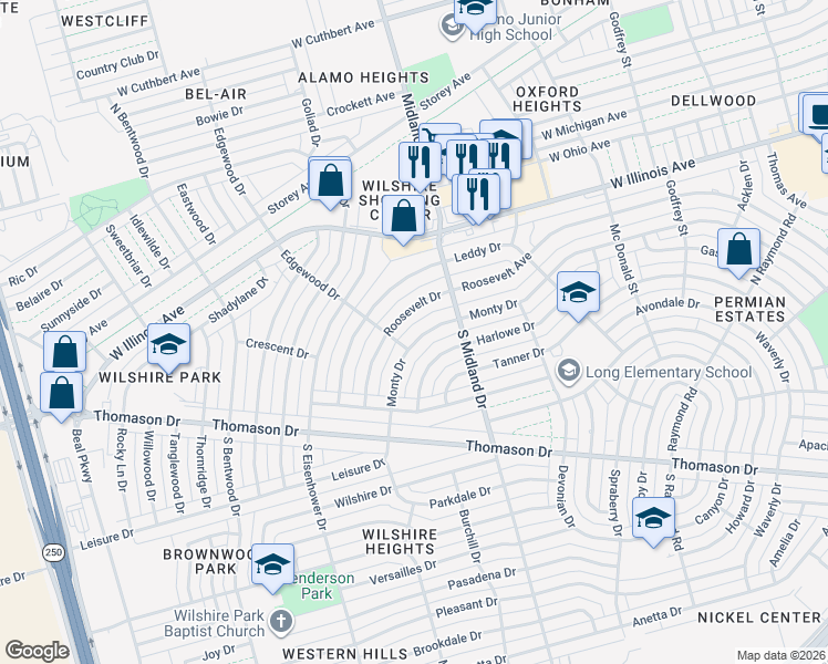map of restaurants, bars, coffee shops, grocery stores, and more near 4414 Monty Dr in Midland