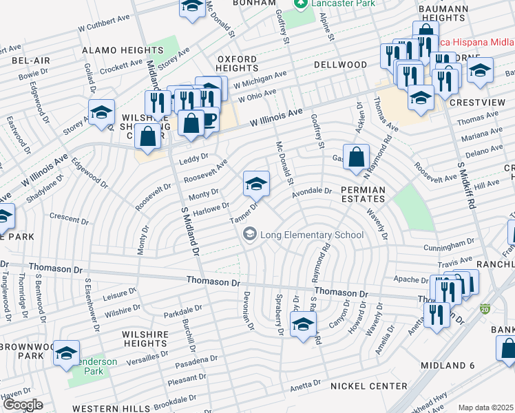 map of restaurants, bars, coffee shops, grocery stores, and more near 4200 Cedar Spring Drive in Midland