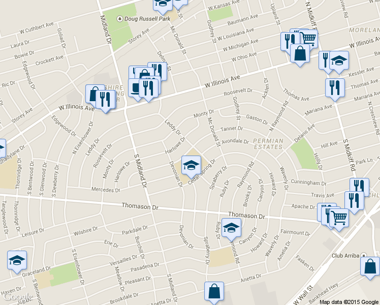 map of restaurants, bars, coffee shops, grocery stores, and more near 4200 Cedar Spring Drive in Midland
