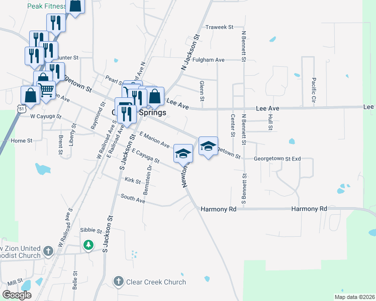 map of restaurants, bars, coffee shops, grocery stores, and more near 335 East Marion Avenue in Crystal Springs