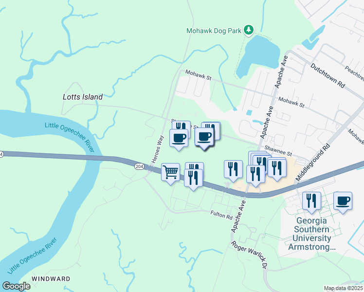 map of restaurants, bars, coffee shops, grocery stores, and more near 14065 Abercorn Street in Savannah