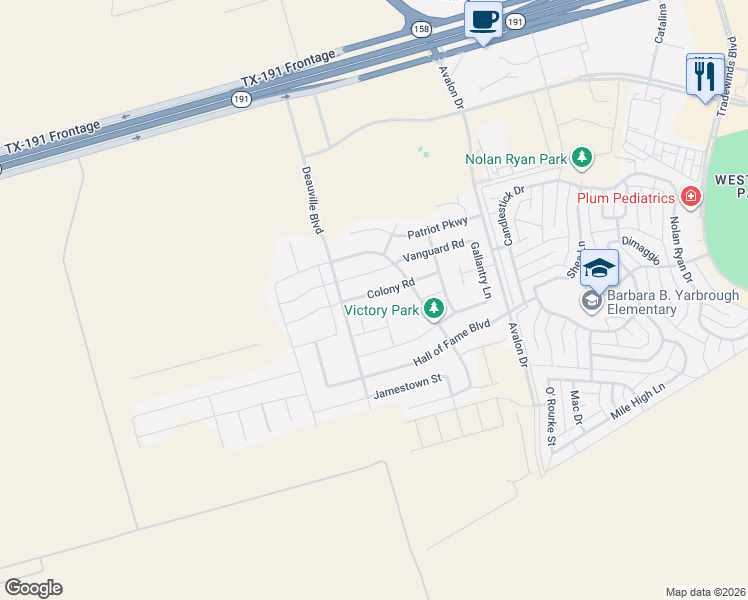 map of restaurants, bars, coffee shops, grocery stores, and more near Deauville Boulevard in Midland