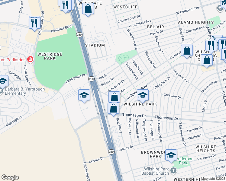 map of restaurants, bars, coffee shops, grocery stores, and more near 5129 Sunnyside Dr in Midland