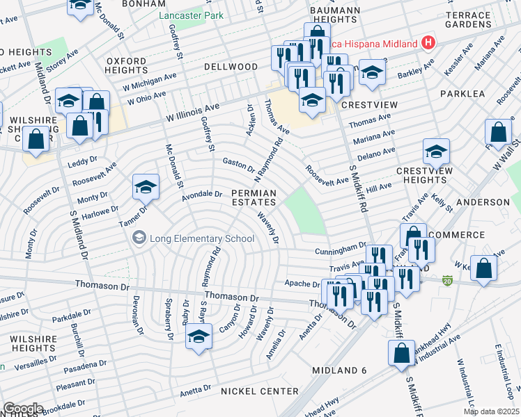 map of restaurants, bars, coffee shops, grocery stores, and more near 203 Waverly Drive in Midland