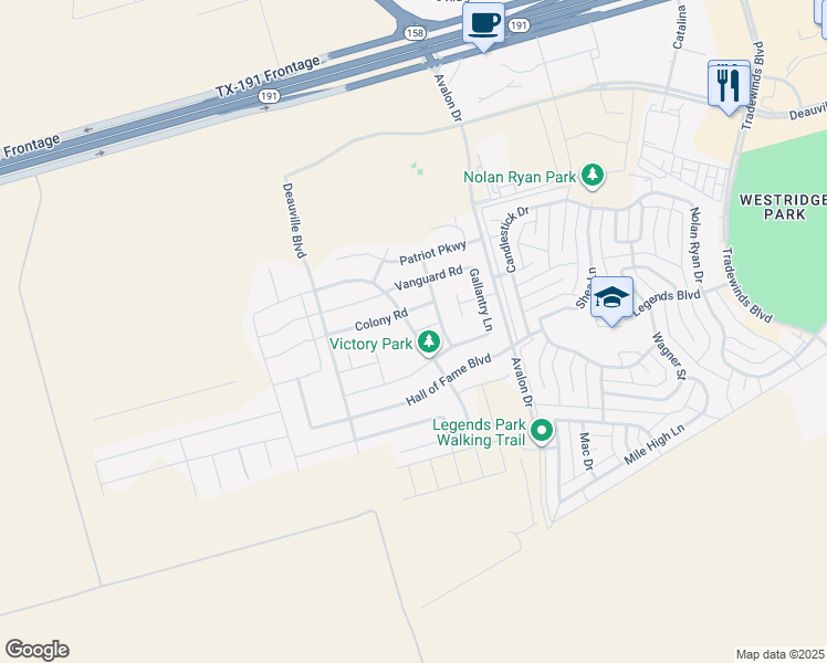 map of restaurants, bars, coffee shops, grocery stores, and more near Victory Parkway in Midland