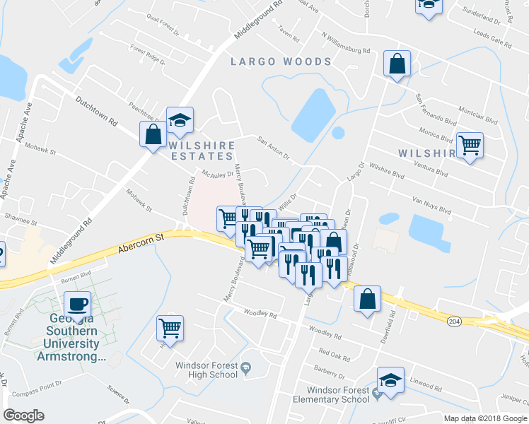 map of restaurants, bars, coffee shops, grocery stores, and more near 75 Knollwood Lane in Savannah