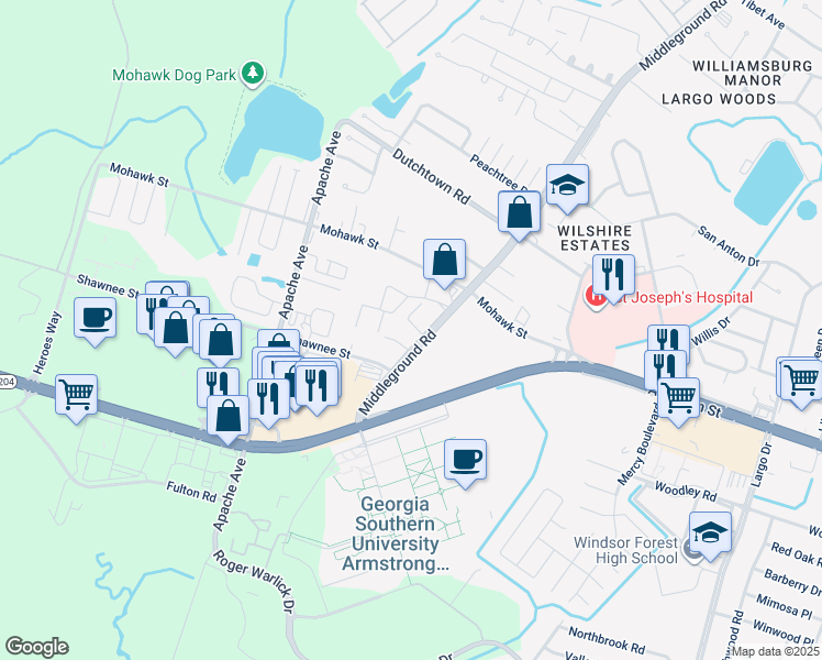 map of restaurants, bars, coffee shops, grocery stores, and more near in Savannah