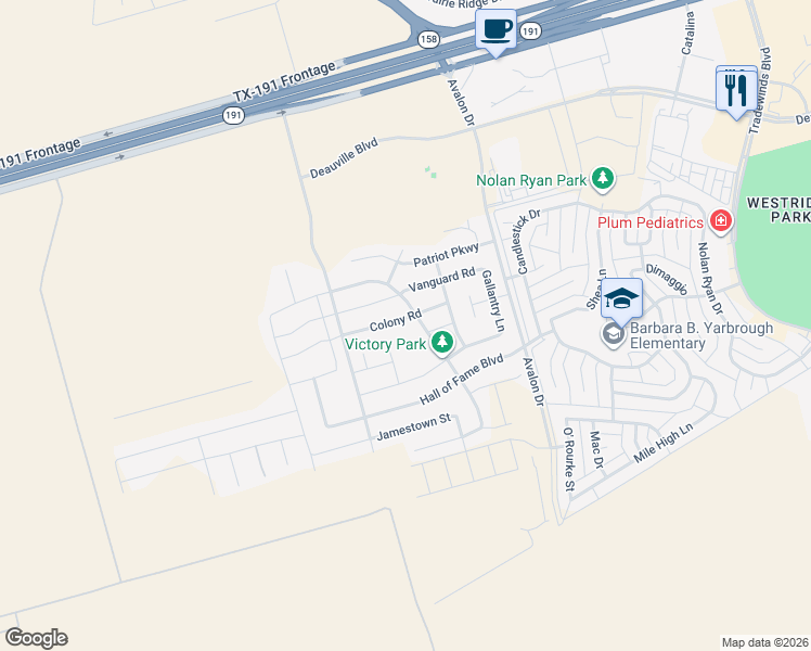 map of restaurants, bars, coffee shops, grocery stores, and more near Victory Parkway in Midland