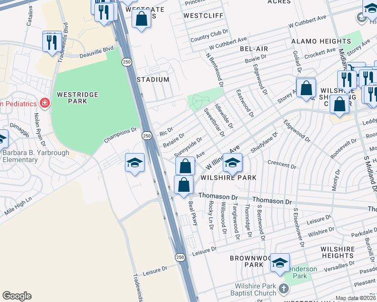 map of restaurants, bars, coffee shops, grocery stores, and more near 5129 Sunnyside Drive in Midland
