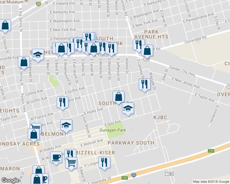 map of restaurants, bars, coffee shops, grocery stores, and more near 1505 South Marshall Street in Midland