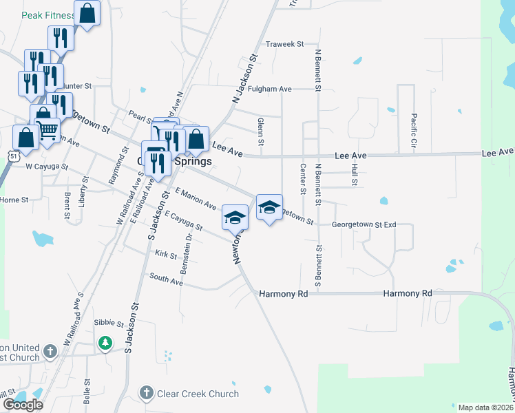 map of restaurants, bars, coffee shops, grocery stores, and more near 335 East Marion Avenue in Crystal Springs