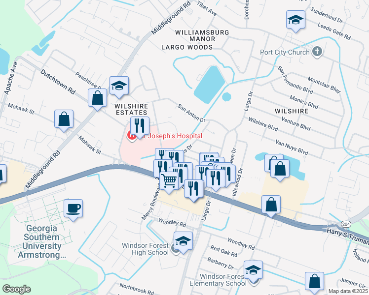 map of restaurants, bars, coffee shops, grocery stores, and more near 11603 Willis Drive in Savannah