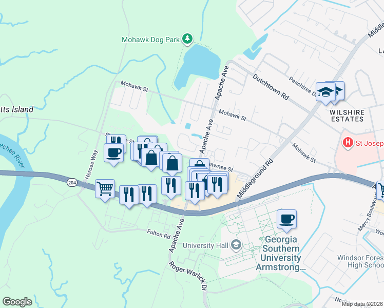 map of restaurants, bars, coffee shops, grocery stores, and more near 98 Hidden Lake Court in Savannah
