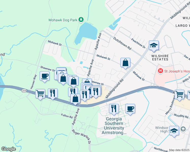 map of restaurants, bars, coffee shops, grocery stores, and more near 1030 Shawnee Street in Savannah