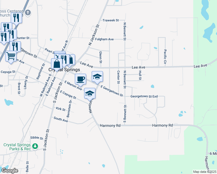 map of restaurants, bars, coffee shops, grocery stores, and more near 508 East Georgetown Street in Crystal Springs