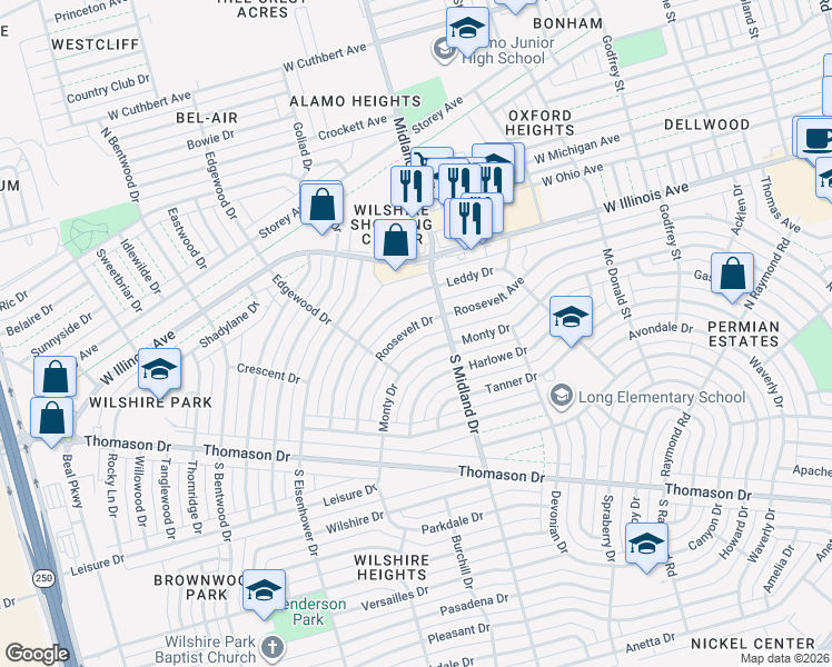 map of restaurants, bars, coffee shops, grocery stores, and more near 4414 Monty Drive in Midland