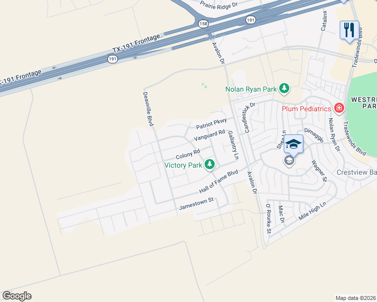 map of restaurants, bars, coffee shops, grocery stores, and more near 6513 Vanguard Road in Midland