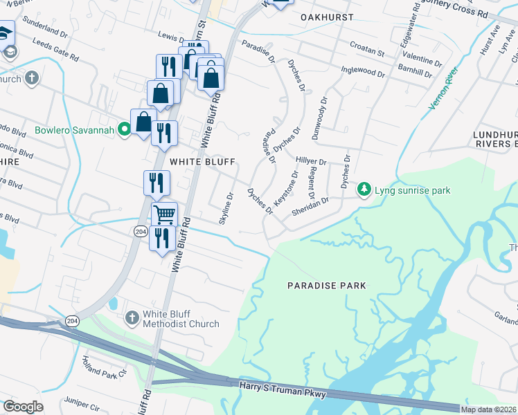 map of restaurants, bars, coffee shops, grocery stores, and more near 320 Paradise Drive in Savannah