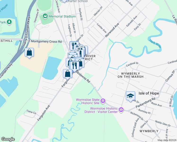 map of restaurants, bars, coffee shops, grocery stores, and more near 2117 Ridgewood Avenue in Savannah