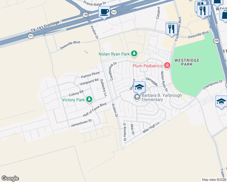 map of restaurants, bars, coffee shops, grocery stores, and more near 6220 Olympic Court in Midland