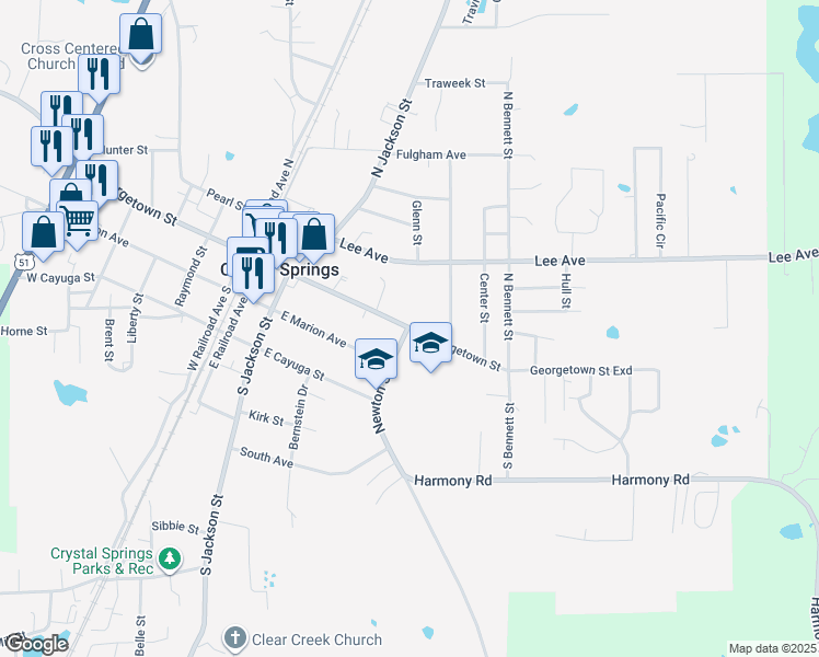 map of restaurants, bars, coffee shops, grocery stores, and more near 505 East Georgetown Street in Crystal Springs