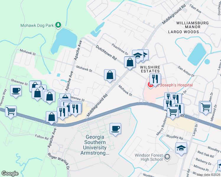 map of restaurants, bars, coffee shops, grocery stores, and more near 12008 Middleground Road in Savannah
