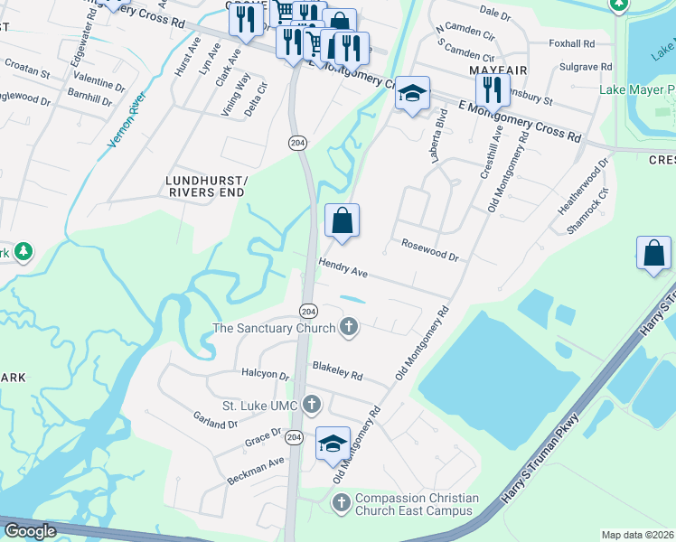 map of restaurants, bars, coffee shops, grocery stores, and more near 1410 Hendry Avenue in Savannah