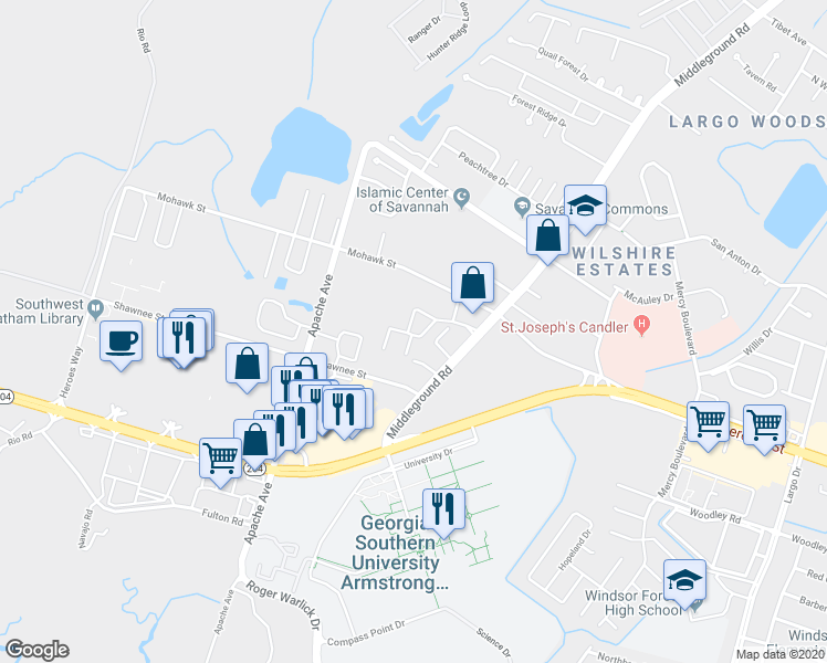 map of restaurants, bars, coffee shops, grocery stores, and more near 12008 Middleground Road in Savannah