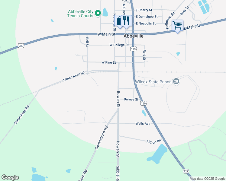 map of restaurants, bars, coffee shops, grocery stores, and more near 109-399 Bowen Street in Abbeville