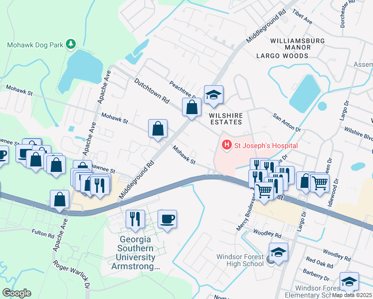 map of restaurants, bars, coffee shops, grocery stores, and more near 920 Mohawk Street in Savannah