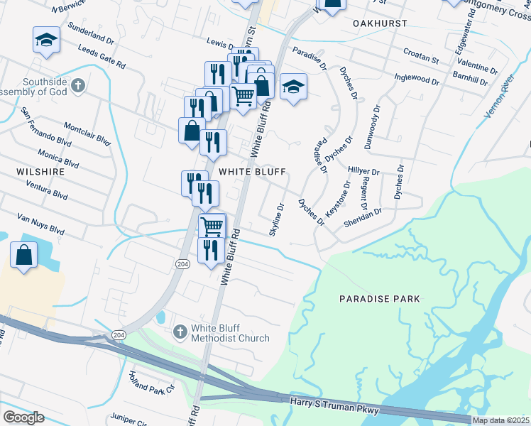 map of restaurants, bars, coffee shops, grocery stores, and more near 10 Summit Drive in Savannah
