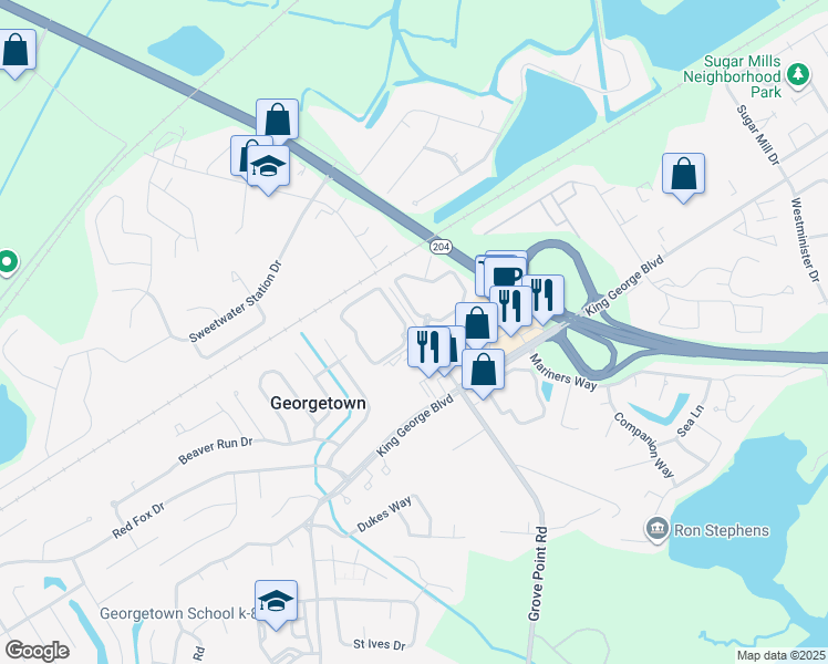 map of restaurants, bars, coffee shops, grocery stores, and more near 1825 Grove Point Road in Savannah