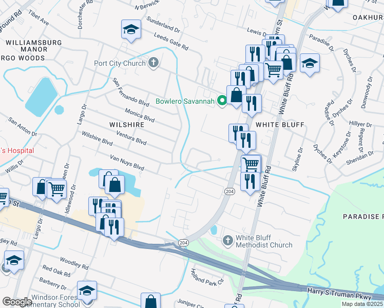 map of restaurants, bars, coffee shops, grocery stores, and more near 9 Del Mar Circle in Savannah
