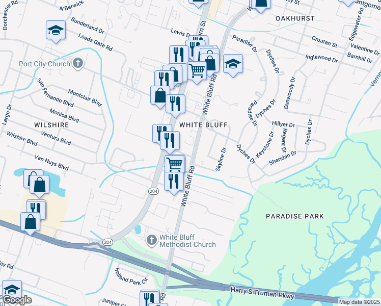 map of restaurants, bars, coffee shops, grocery stores, and more near 110 Magnolia Avenue in Savannah