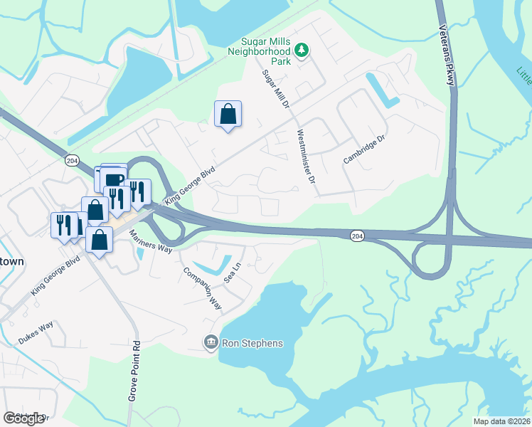 map of restaurants, bars, coffee shops, grocery stores, and more near 100 Saint George Boulevard in Savannah
