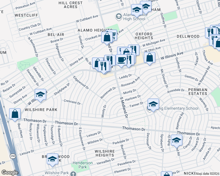 map of restaurants, bars, coffee shops, grocery stores, and more near 4413 Leddy Dr in Midland